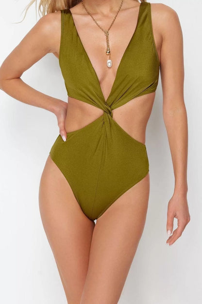 Women Fashion Off Shoulder Strap Deep V Neck Green Deep Neck Knotted Regular Swimsuit