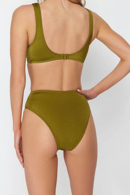 Women Fashion Off Shoulder Strap Deep V Neck Green Deep Neck Knotted Regular Swimsuit