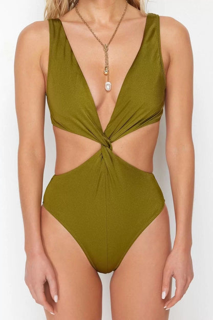 Women Fashion Off Shoulder Strap Deep V Neck Green Deep Neck Knotted Regular Swimsuit