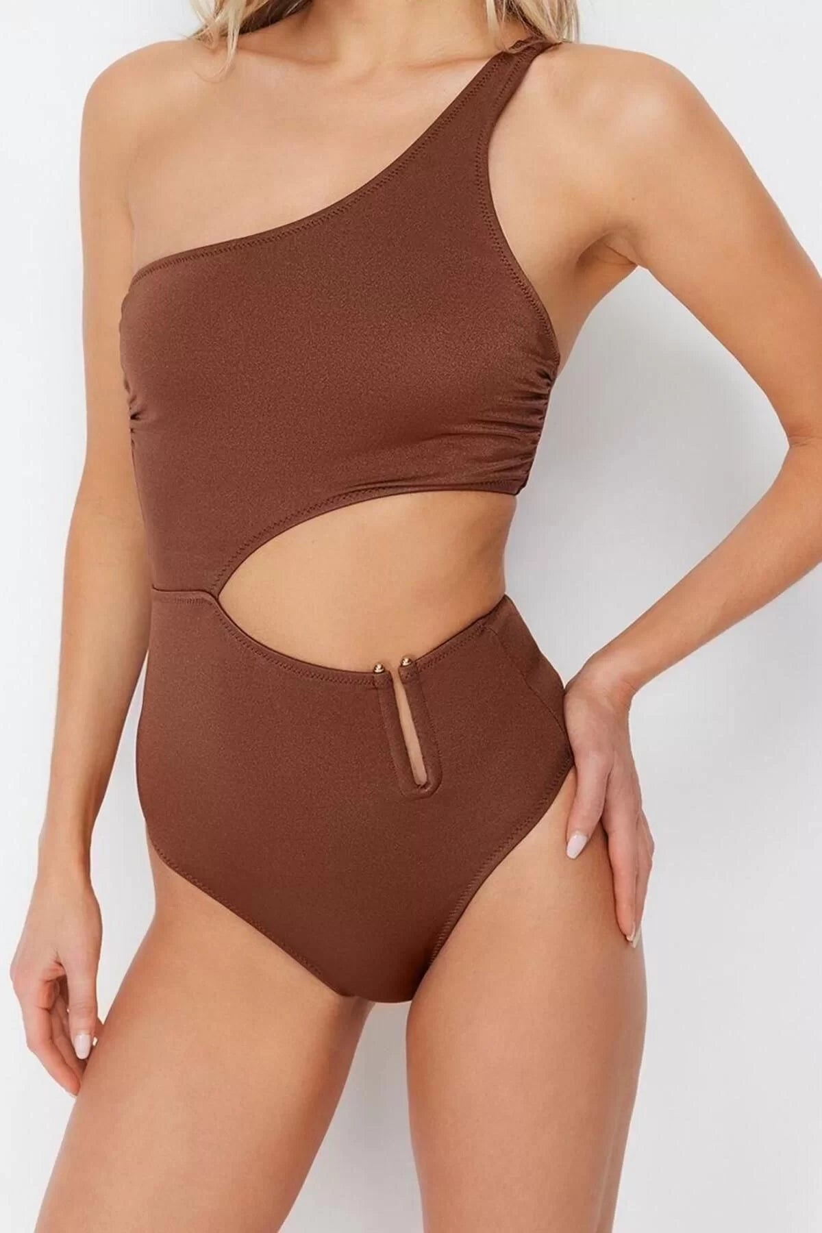 Women's Fashion Throwback Off Shoulder Carmen Collar Brown One Shoulder Accessory Regular Swimsuit