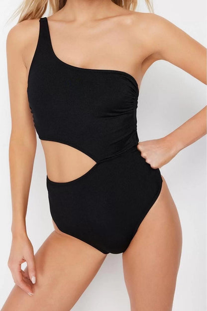 Women Fashion Throw Cap Cut Out Single Sleeve Carmen Collar Black One Shoulder Cut Out Windowed Regular Swimsuit