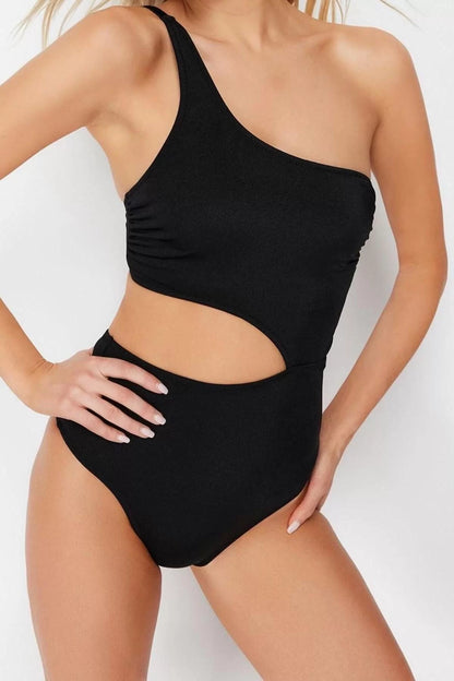 Women Fashion Throw Cap Cut Out Single Sleeve Carmen Collar Black One Shoulder Cut Out Windowed Regular Swimsuit