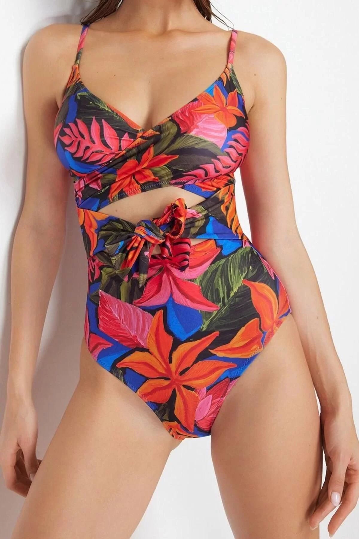 Women Fashion Off Shoulder Straps Double Breasted Floral Patterned Double Breasted Tie Regular Swimsuit