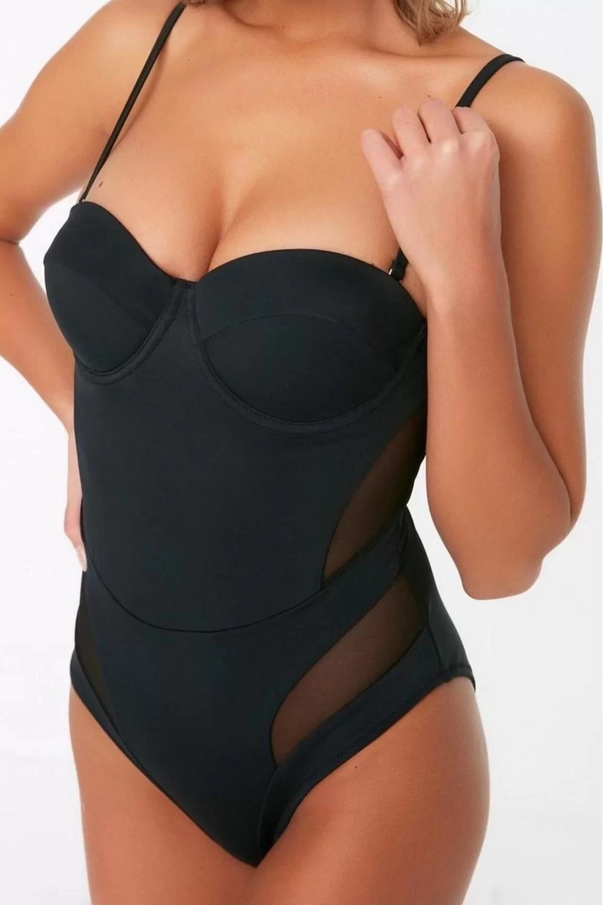 Women Fashion Fixed Cup Strap Brief Collar Black Balconette Mesh Detailed Regular Swimsuit