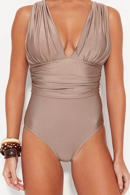 Women Fashion Fixed Cup Strap Brief Collar Tile Deep Neck Draped Regular Swimsuit