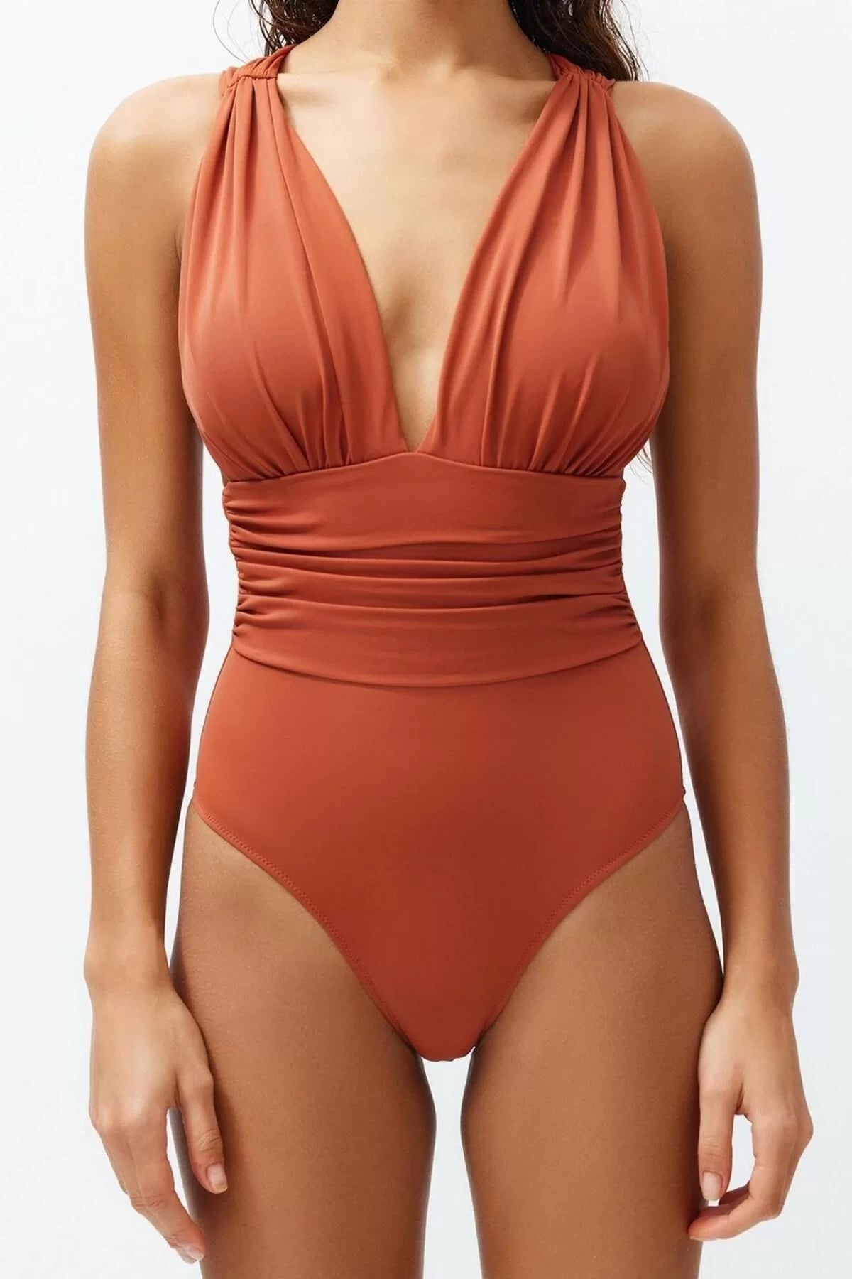 Women Fashion Fixed Cup Strap Brief Collar Tile Deep Neck Draped Regular Swimsuit