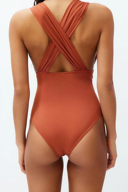 Women Fashion Fixed Cup Strap Brief Collar Tile Deep Neck Draped Regular Swimsuit