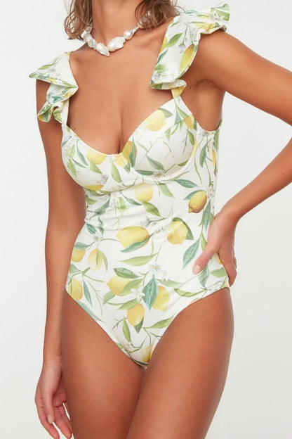 Women Fashion Fixed Cup Strap Brief Collar Fruit Patterned Balconette Ruffle Regular Swimsuit