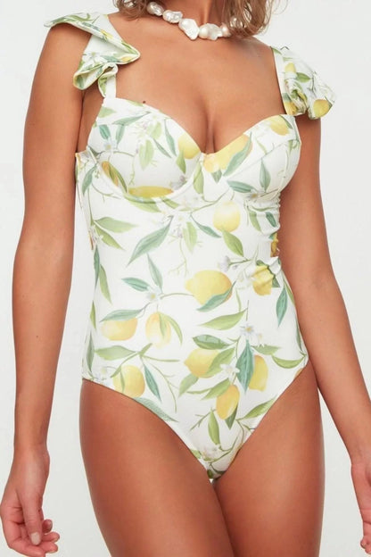 Women Fashion Fixed Cup Strap Brief Collar Fruit Patterned Balconette Ruffle Regular Swimsuit