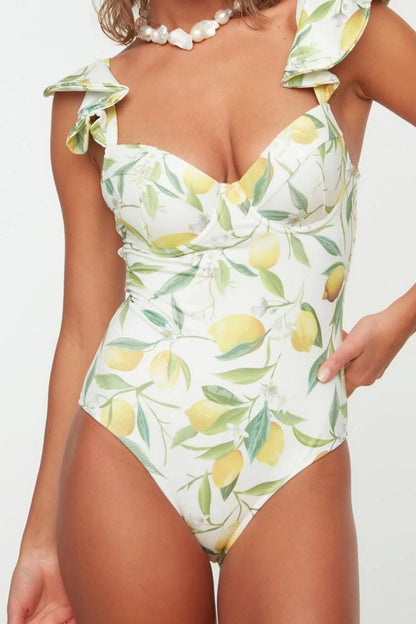 Women Fashion Fixed Cup Strap Brief Collar Fruit Patterned Balconette Ruffle Regular Swimsuit