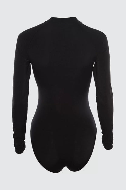 Women Fashion Coverless Long Brief Collar Black Zipper Long Sleeve Hipster Surf Swimsuit