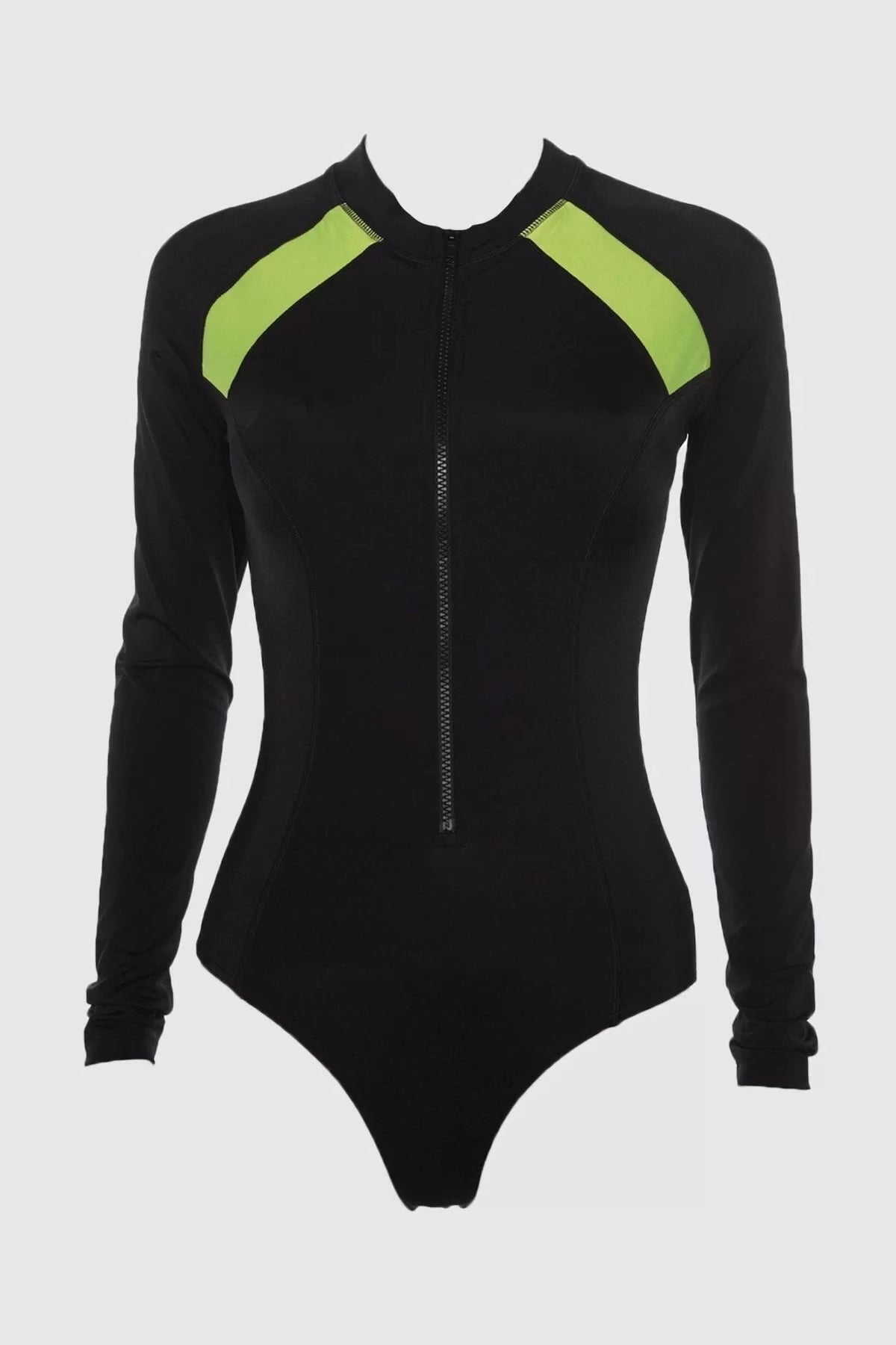 Women Fashion Coverless Long Brief Collar Black Zipper Long Sleeve Hipster Surf Swimsuit