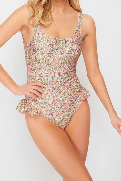 Women Fashion Off Shoulder Strap Brief Collar Floral Patterned Ruffle Regular Swimsuit