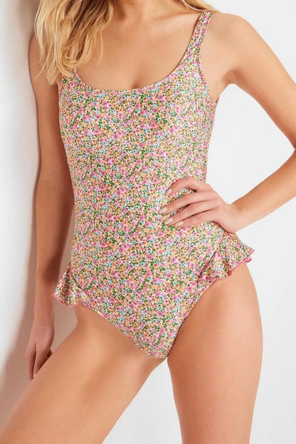 Women Fashion Off Shoulder Strap Brief Collar Floral Patterned Ruffle Regular Swimsuit