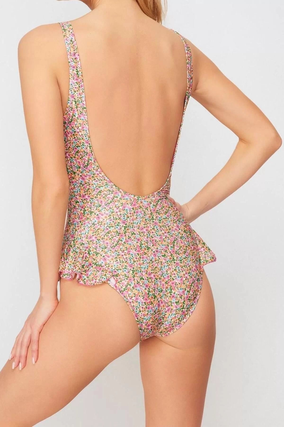 Women Fashion Off Shoulder Strap Brief Collar Floral Patterned Ruffle Regular Swimsuit