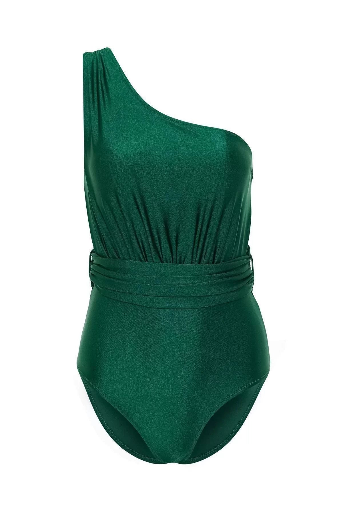 Women Fashion Sewing Cap Strap Brazilian Collar Green One Shoulder Draped Regular Swimsuit