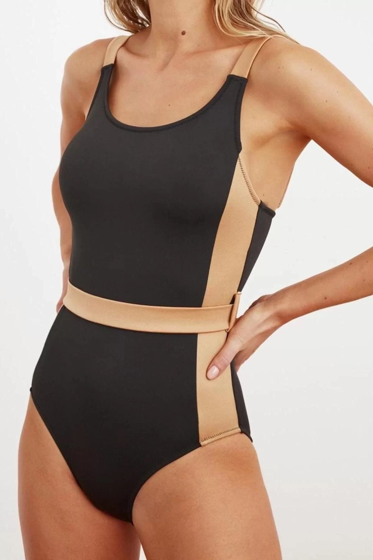 Women Fashion Throw Cap Strap Brief Collar Black Belted Colour Block Regular Swimsuit