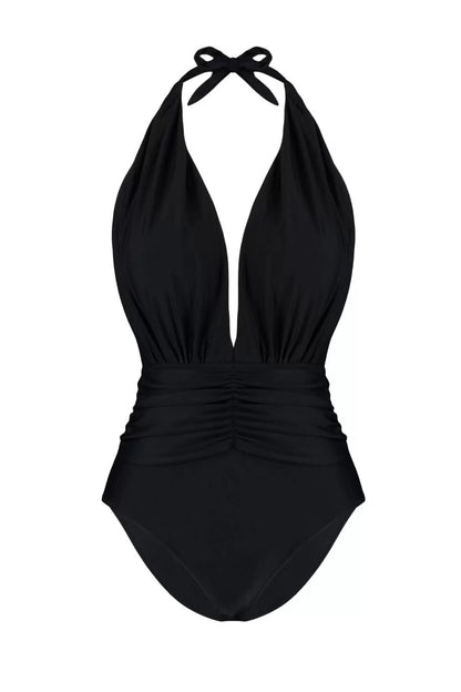 Women's Fixed Cup Strap Deep V Neck Black Deep Neckline Pleated Regular Swimsuit