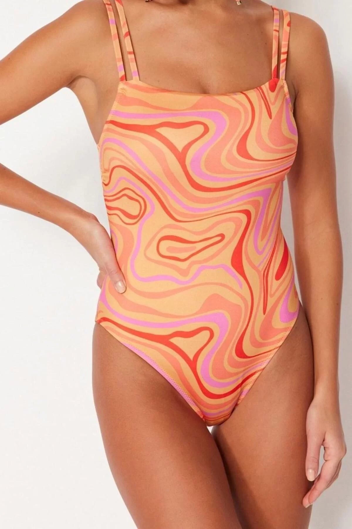 Women Fashion Throwback Cap Strap Square Neck Abstract Patterned Piping Regular Swimsuit