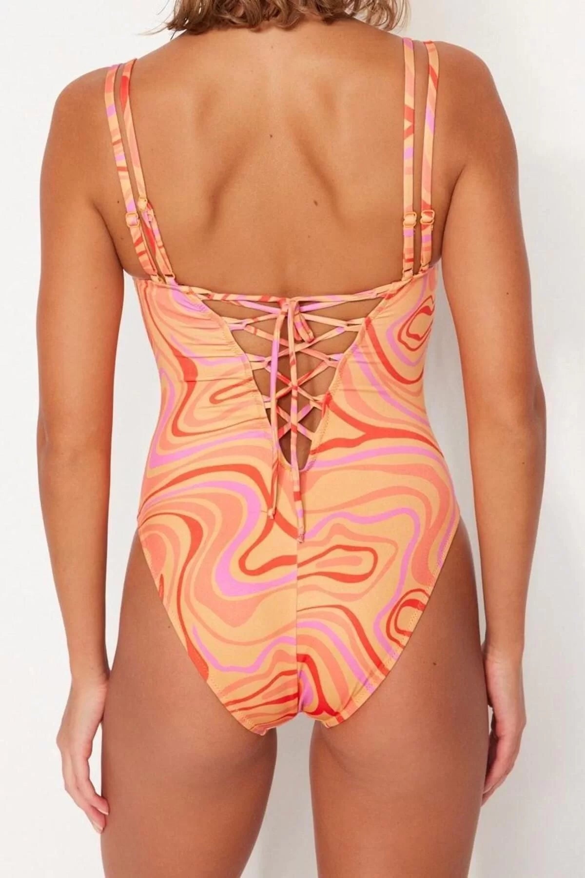 Women Fashion Throwback Cap Strap Square Neck Abstract Patterned Piping Regular Swimsuit