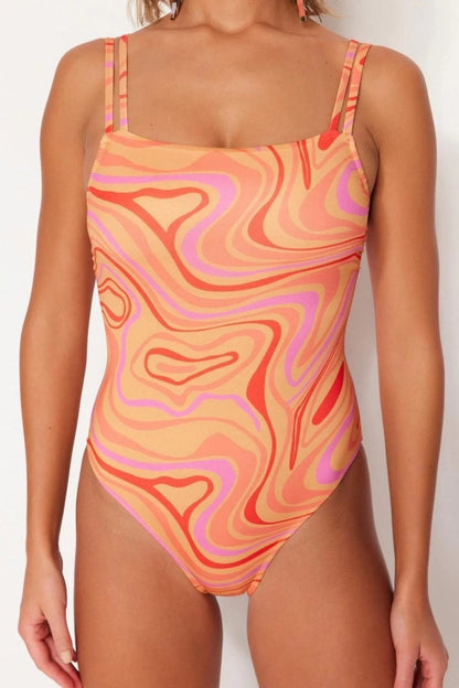 Women Fashion Throwback Cap Strap Square Neck Abstract Patterned Piping Regular Swimsuit