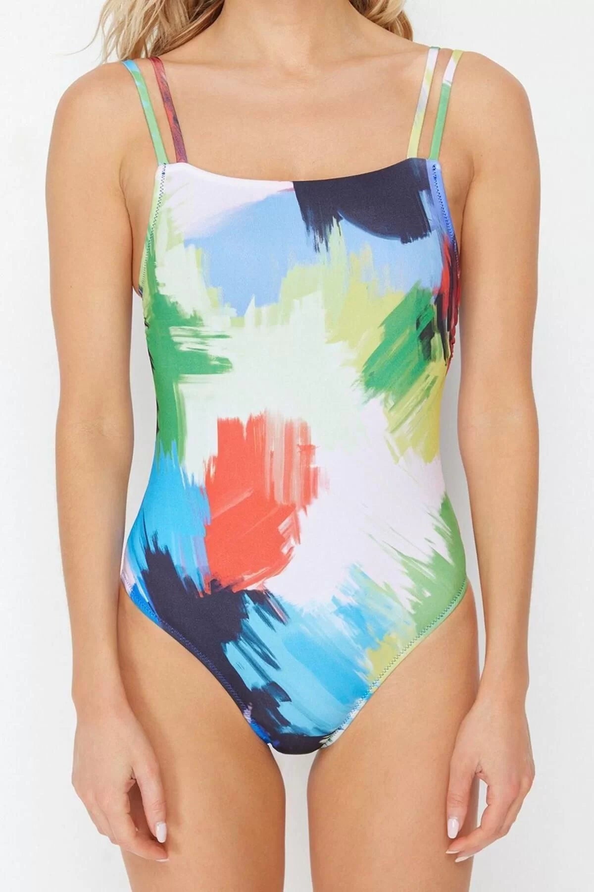 Women Fashion Throwback Cap Strap Square Neck Abstract Patterned Piping Regular Swimsuit