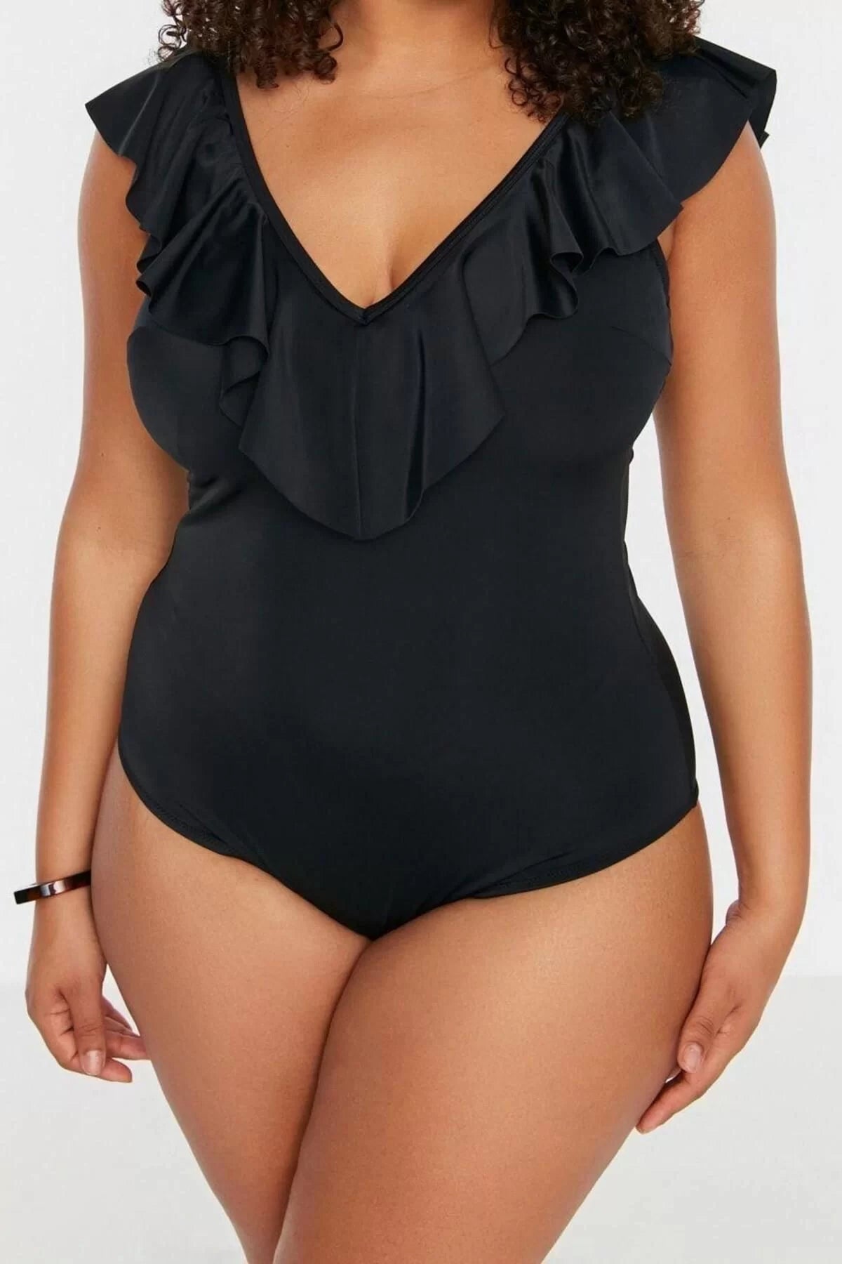 Plus Size Throw Cup Minimizer Strappy Deep V Neck Black Deep Flounce Swimsuit