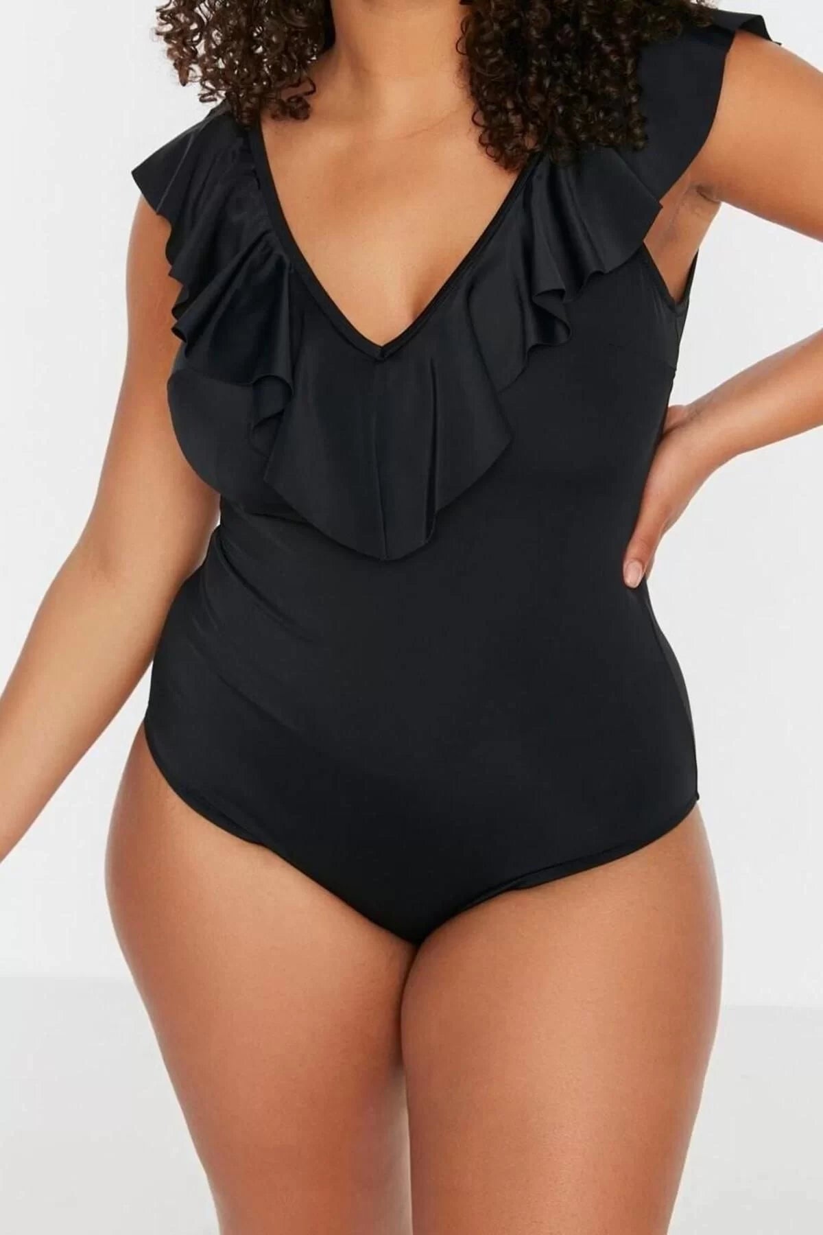 Plus Size Throw Cup Minimizer Strappy Deep V Neck Black Deep Flounce Swimsuit