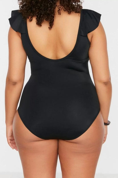 Plus Size Throw Cup Minimizer Strappy Deep V Neck Black Deep Flounce Swimsuit