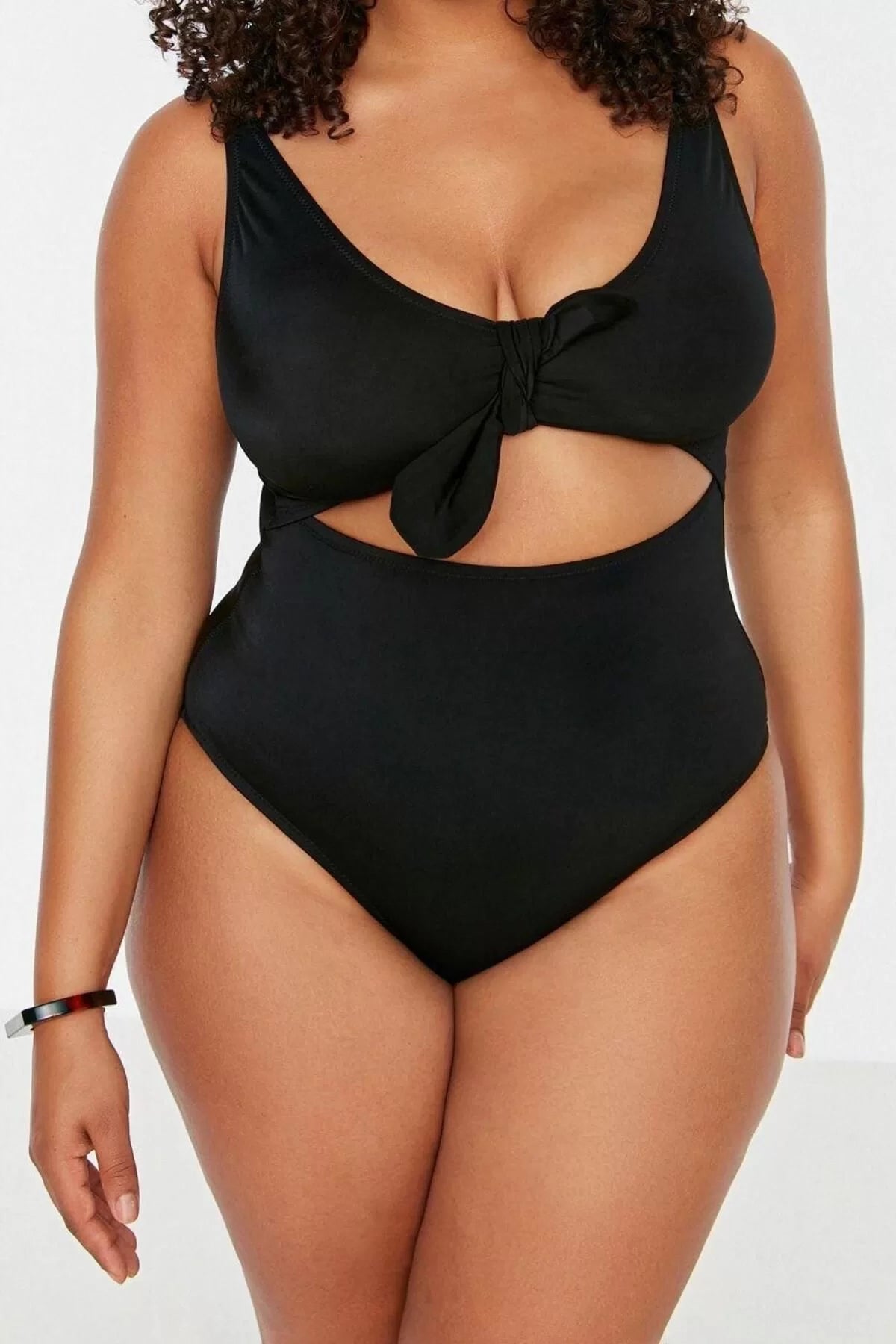 Plus Size Throwback Cup Shapewear Strappy Deep V Neck Blue Deep Cut-Out Tied Swimsuit