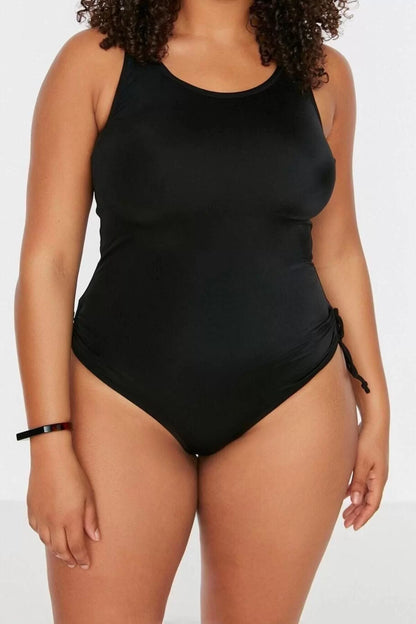 Plus Size Throwback Water Resistant Strappy Deep V Neck Black Deep Strappy Gathered Swimsuit