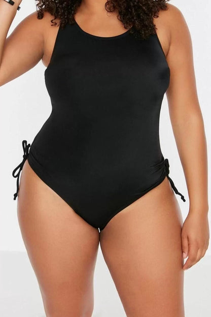 Plus Size Throwback Water Resistant Strappy Deep V Neck Black Deep Strappy Gathered Swimsuit