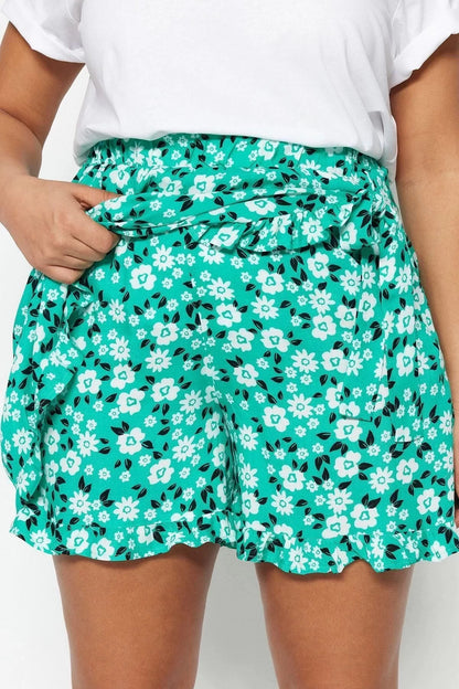 Plus Size Fashion Woven Normal Waist Wide Leg Casual Green Floral Patterned Tied Shorts Skirt