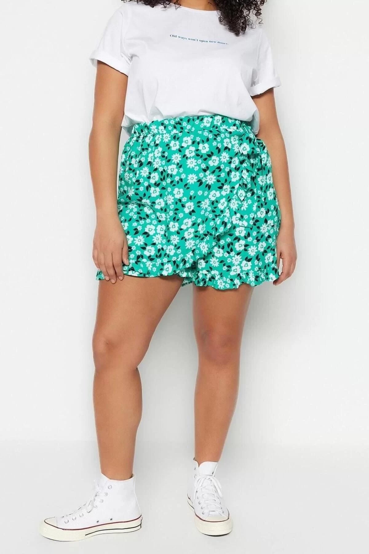 Plus Size Fashion Woven Normal Waist Wide Leg Casual Green Floral Patterned Tied Shorts Skirt