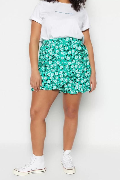 Plus Size Fashion Woven Normal Waist Wide Leg Casual Green Floral Patterned Tied Shorts Skirt