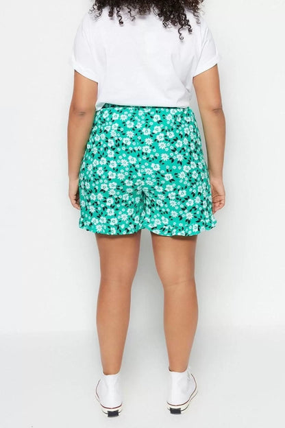 Plus Size Fashion Woven Normal Waist Wide Leg Casual Green Floral Patterned Tied Shorts Skirt