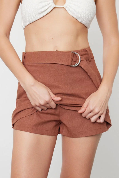 Style Woven Normal Waist Wide Leg Beach Khaki Belted Mini Woven Linen Blend Shorts Skirt