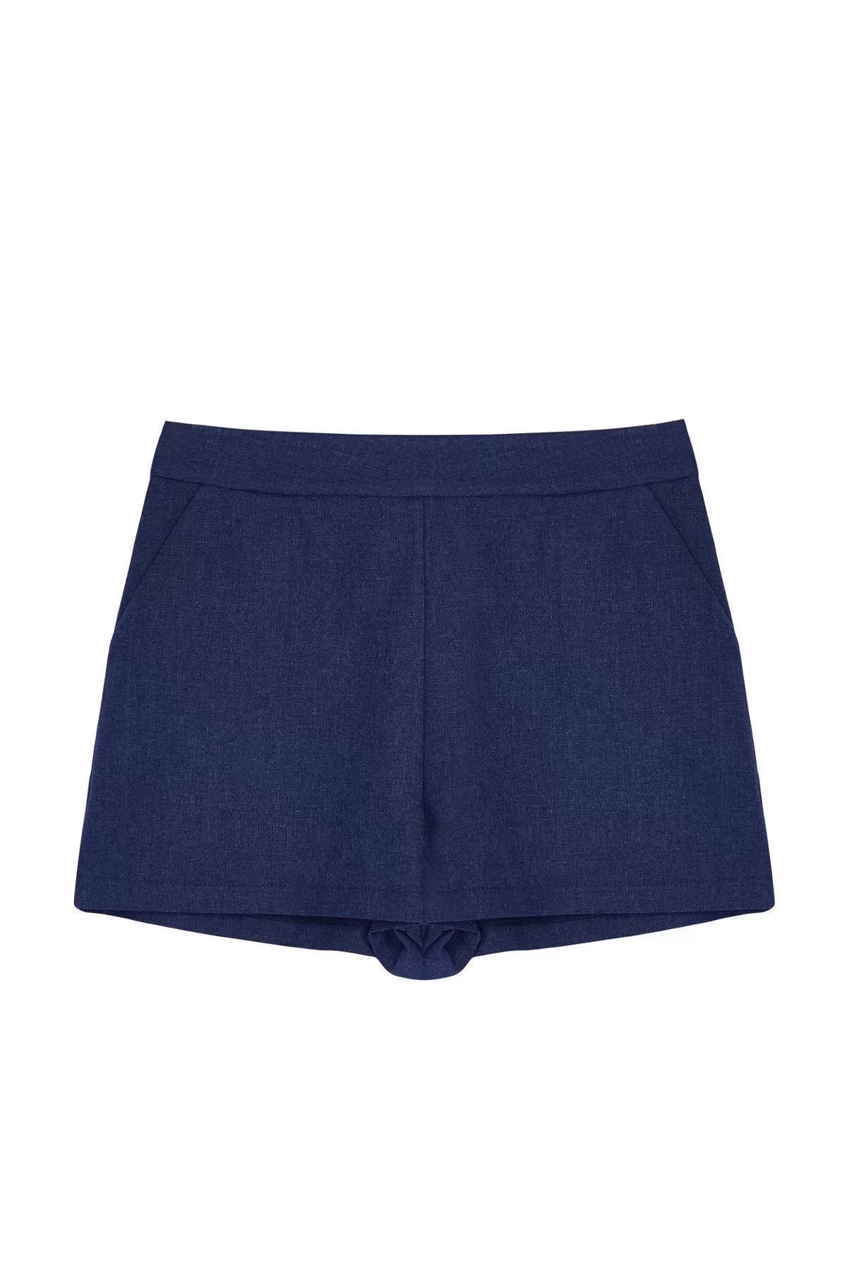 Style Woven Normal Waist Straight Leg Beach Blue Woven Linen Blend 100% Cotton Shorts Bermuda