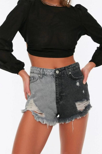 Fashion Denim Normal Waist Straight Leg Beach Dark Blue Denim Colour Block Denim 100% Cotton Shorts Bermuda