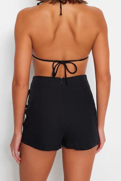 Fashion Woven High Waist Tube Leg Beach Black Tied Shorts Skirt