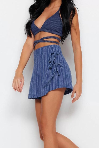 Fashion Woven High Waist Wide Leg Beach Blue Woven Tied Linen Blend Shorts Skirt