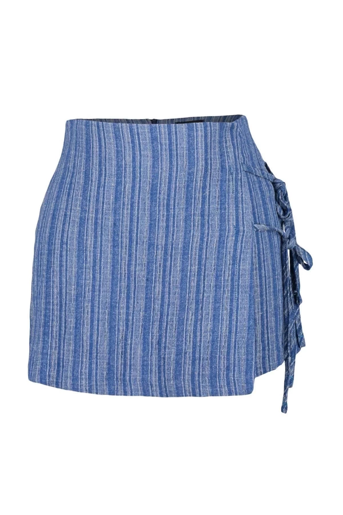 Fashion Woven High Waist Wide Leg Beach Blue Woven Tied Linen Blend Shorts Skirt