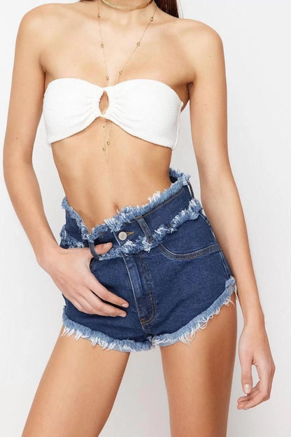 Fashion Denim High Waist Skinny Leg Beach Blue Denim Tassel Shorts Bermuda