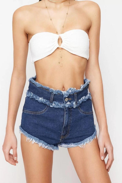 Fashion Denim High Waist Skinny Leg Beach Blue Denim Tassel Shorts Bermuda