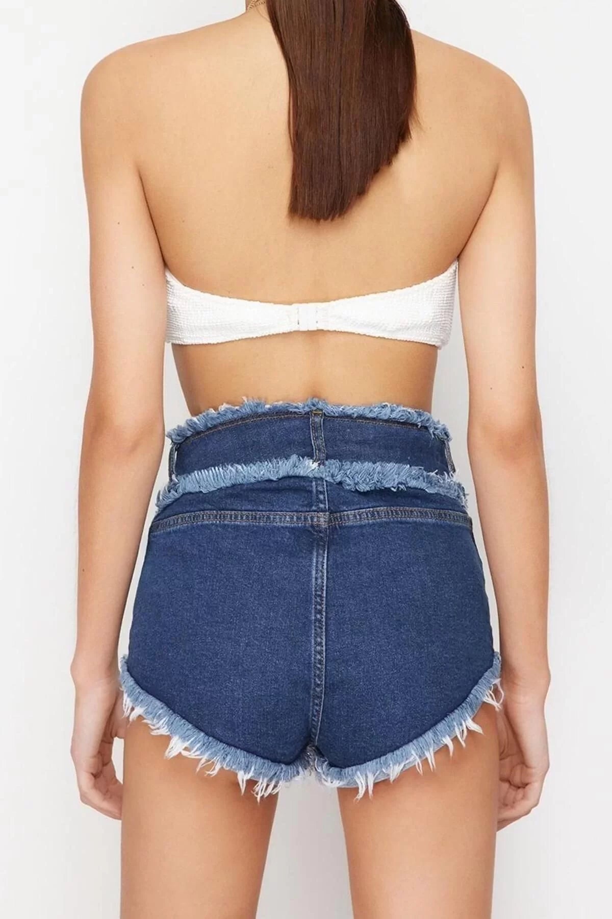 Fashion Denim High Waist Skinny Leg Beach Blue Denim Tassel Shorts Bermuda