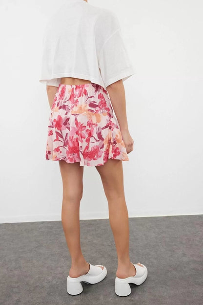 Fashion Woven High Waist Straight Leg Casual Pink Floral Patterned Woven Shorts Skirt