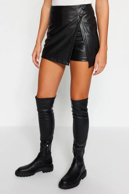 Fashion Woven High Waist Skinny Leg Stylish Black Double Breasted Faux Leather Woven Shorts Skirt