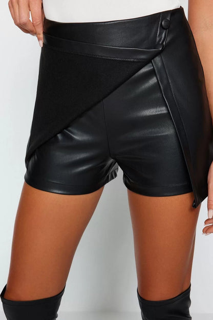 Fashion Woven High Waist Skinny Leg Stylish Black Double Breasted Faux Leather Woven Shorts Skirt