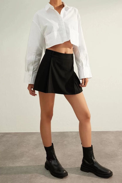 Fashion Woven Normal Waist Straight Leg Casual Black Premium Quality Pleated Woven Shorts Skirt