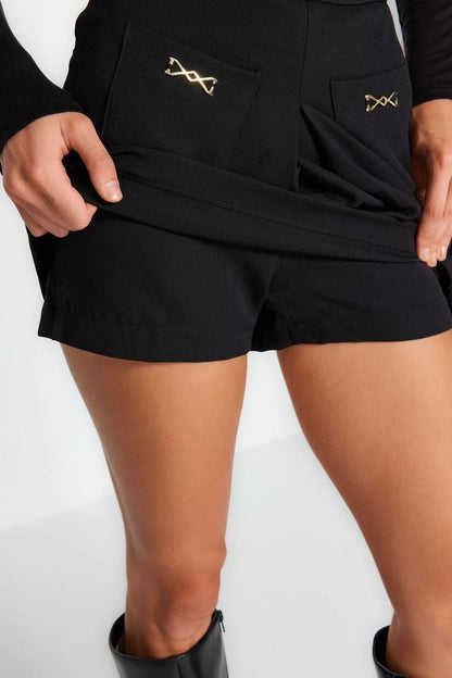 Style Woven Normal Waist Pipe Leg Business Black Pocket Detailed Woven Shorts Skirt